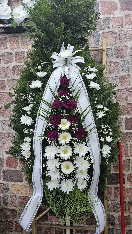 Coroană Funerară Alb-Mov Elegantă – Aranjament Sobru și Expresiv