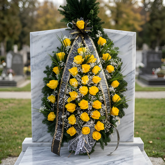Coroană Funerară cu Trandafiri Galbeni și Floarea Miresei pe Suport de Brad – Simbol al Recunoștinței și Luminii