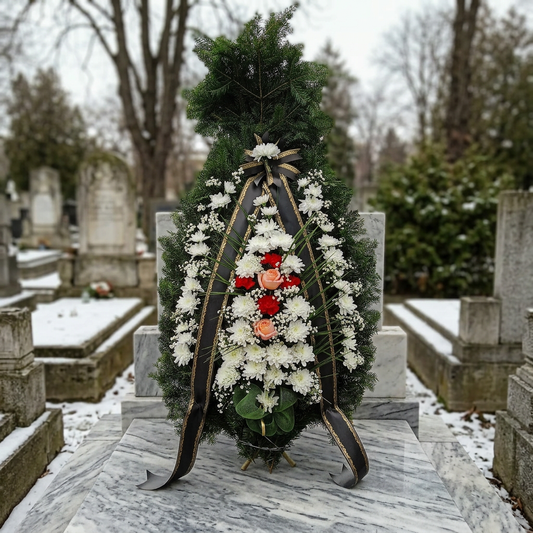 Coroană Funerară Elegantă cu Crizanteme Albe, Garoafe Roșii și Trandafiri Somon