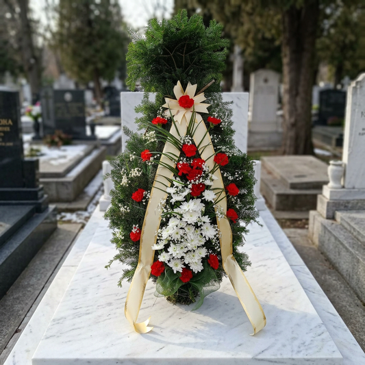 Coroană Funerară Clasică cu Crizanteme Albe, Garoafe și Trandafiri Roșii pe Suport de Brad