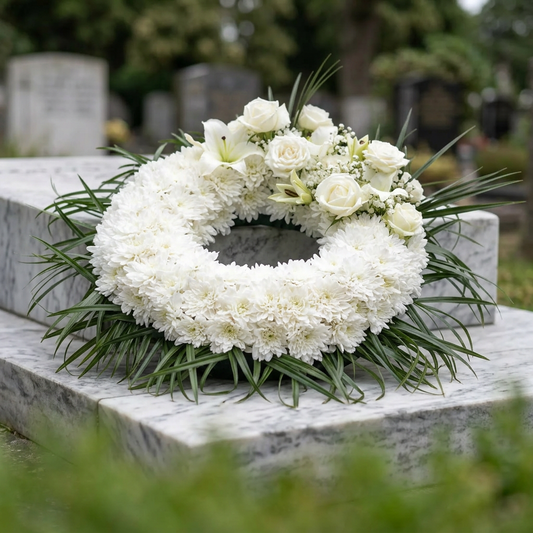 Aranjament funerar realizat din crizantema, trandafiri, crini, gypsophila