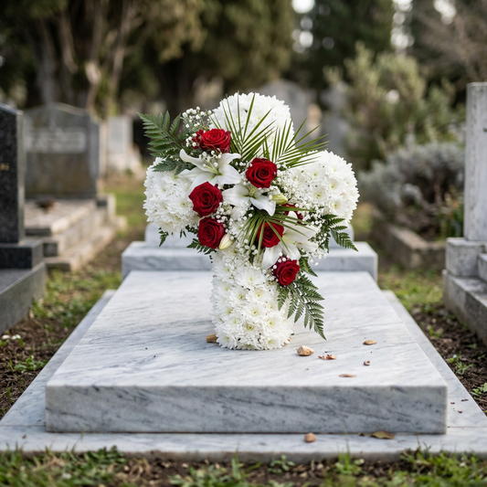 Aranjament funerar in forma de cruce, realizat din crizantema cu accente de trandafiri rosii si crini albi