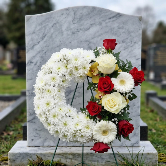 Coroana funerara rotunda, cu baza alba din crizanteme, accente de trandafiri albi, gerbera si orhidee