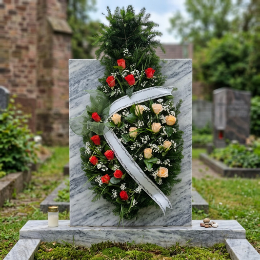 Coroană Funerară cu Trandafiri Roșii și Crem – Omagiu Elegant și Echilibrat