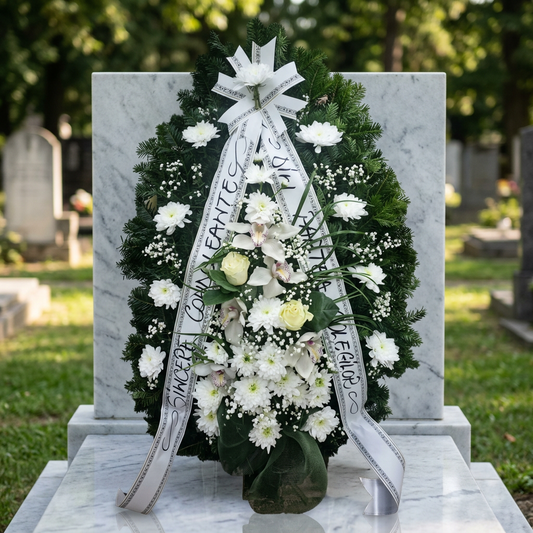 Coroană Funerară Albă cu Trandafiri, Crizanteme și Orhidee – Simbol al Respectului și Liniștii