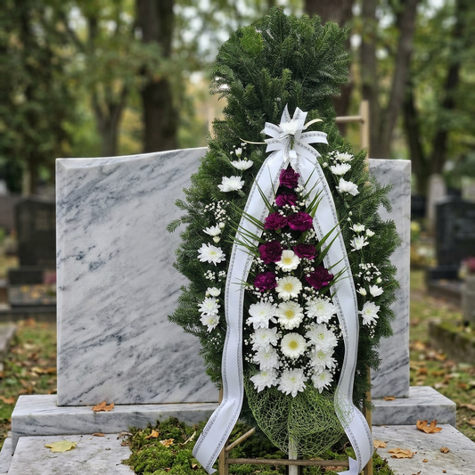 Coroană Funerară Alb-Mov Elegantă – Aranjament Sobru și Expresiv