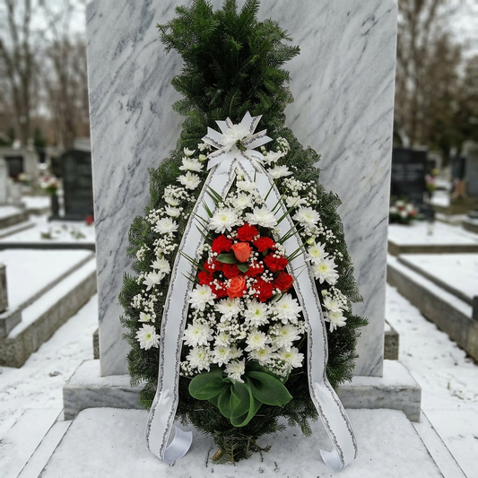 Coroană Funerară Clasică cu Crizanteme Albe, Garoafe Roșii și Trandafiri