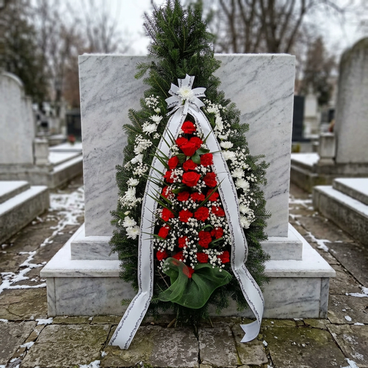 Coroană Funerară Contrast Roșu-Alb cu Garoafe și Trandafiri Roșii, Crizanteme Albe și Panglică Clasică