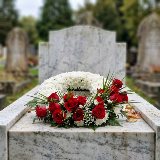 Aranjament funerar rotund cu crizantema, completat de trandafiri rosii