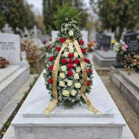 Coroană Funerară cu Trandafiri Roșii și Albi – Omagiu Puternic și Respectuos