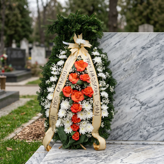 Coroană Funerară Elegantă cu Crizanteme Albe, Trandafiri Portocalii și Floarea Miresei pe Suport de Brad Natural