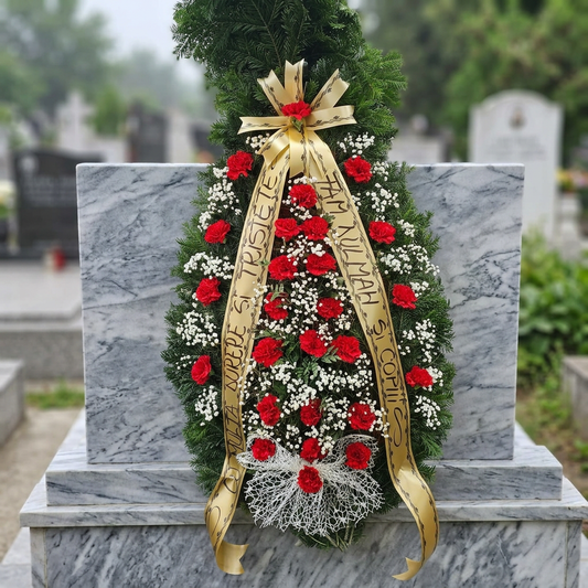 Coroană Funerară cu Garoafe Roșii – Omagiu Plin de Respect și Emoție