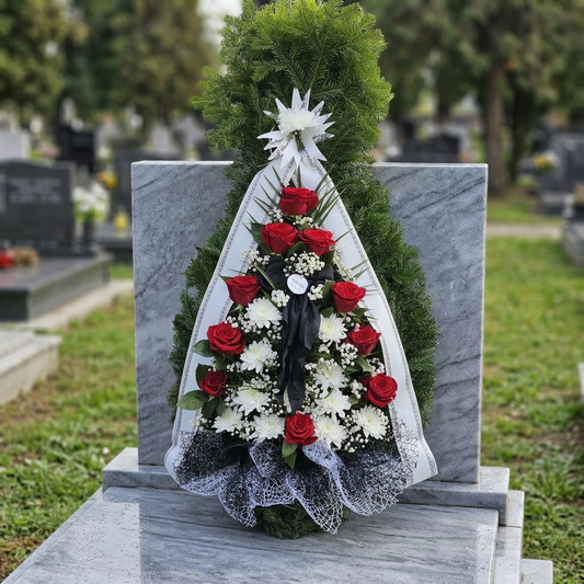 Coroană Funerară cu Trandafiri Roșii și Crizanteme Albe – Eleganță și Solemnitate cu Accente Negre