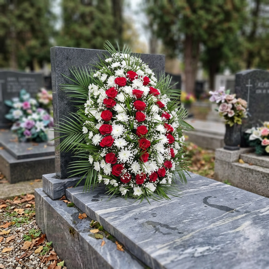 Coroană Funerară cu Trandafiri Roșii, Crizanteme Albe și Floarea Miresei – Omagiu Sincer și Plin de Respect