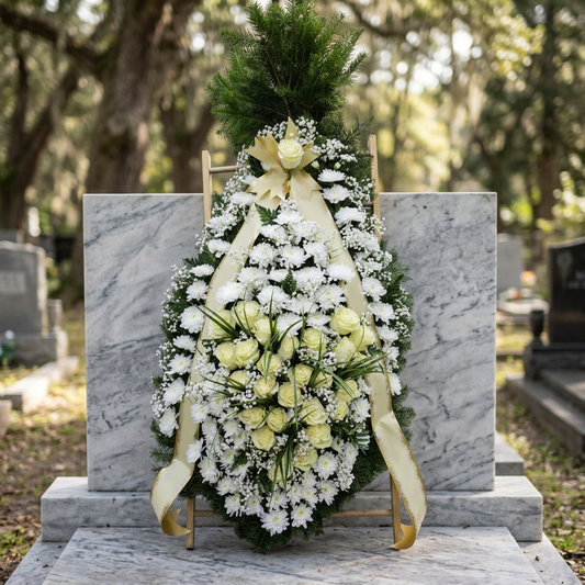 Coroană Funerară Albă cu Trandafiri și Crizanteme – Eleganță și Discreție în Omagiu