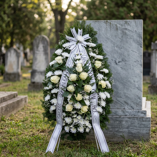 Coroană Funerară Albă cu Trandafiri și Crizanteme – Omagiu al Păcii și Recunoștinței