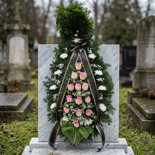 Coroană Funerară cu Trandafiri Roz și Flori Albe – Omagiu Plin de Blândețe și Iubire