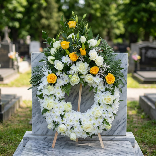 Coroana funerara realizata din trandafiri albi si galbeni